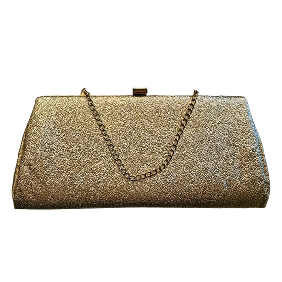 Vintage Gold Metallic Clutch Evening Bag Chain Handle 1960's 1950's - Picture 1 of 8